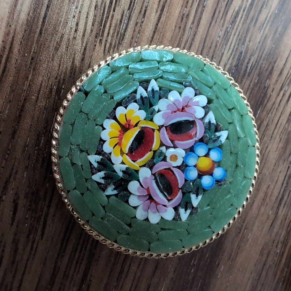 Vintage Italian Micro Mosaic Floral Brooch Gold Tone Round Green Pink Yellow Pin